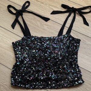Free People Intimately Hey Girl Tie Strap Sequin Cami Top in Night Sz Small